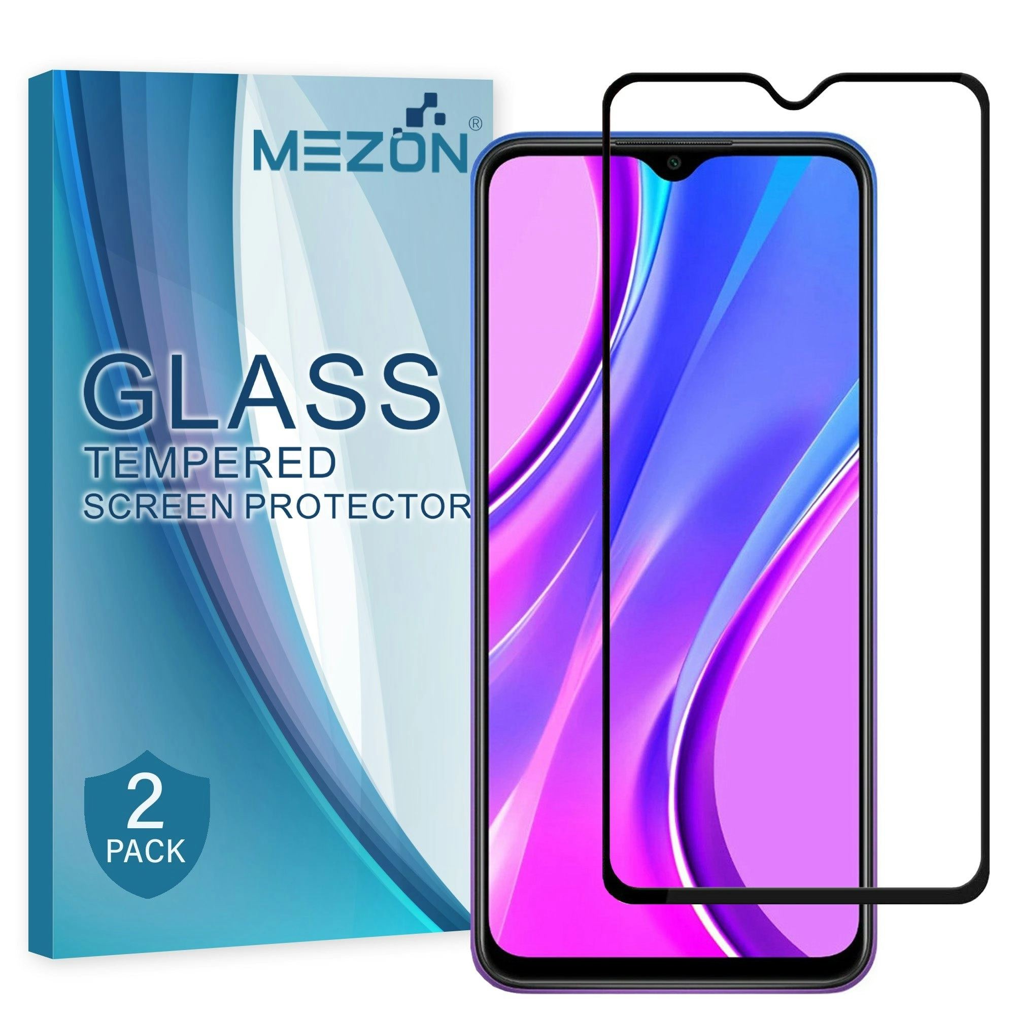 [2 Pack] MEZON Full Coverage Xiaomi Redmi 9 Tempered Glass Crystal Clear Premium 9H HD Screen Protector (Redmi 9, 9H Full)