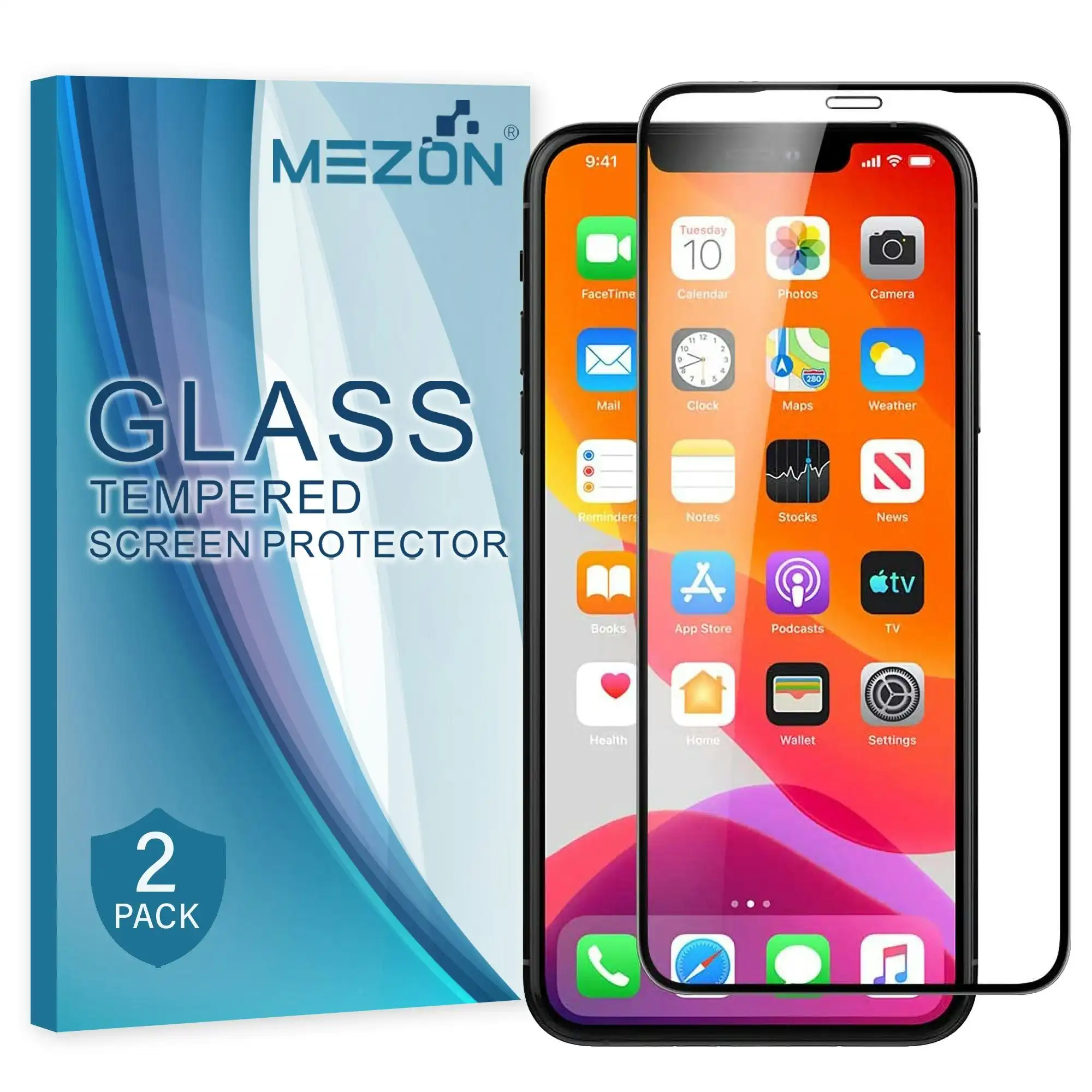 [2 Pack] MEZON Full Coverage Apple iPhone XS Max (6.5") Tempered Glass Crystal Clear Premium 9H HD Screen Protector