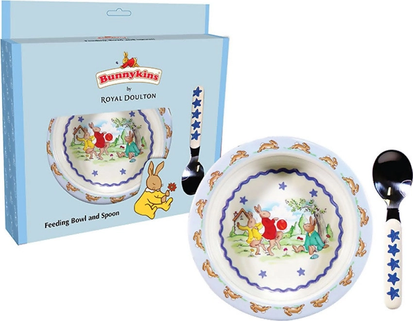 U Games - Bunnykins Feeding Bowl & Spoon – Shining Stars Design Blue By Royal Doulton