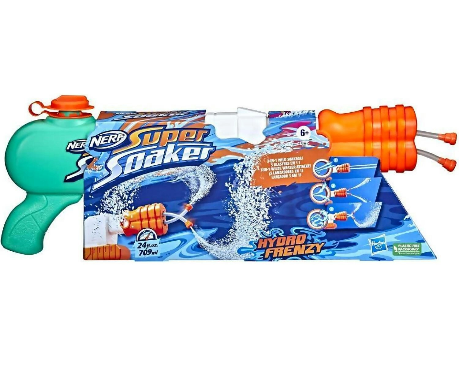 Nerf - Super Soaker Hydro Frenzy Water Blaster Wild 3-in-1 Soaking Fun Adjustable Nozzle 2 Water-launching Tubes - Hasbro