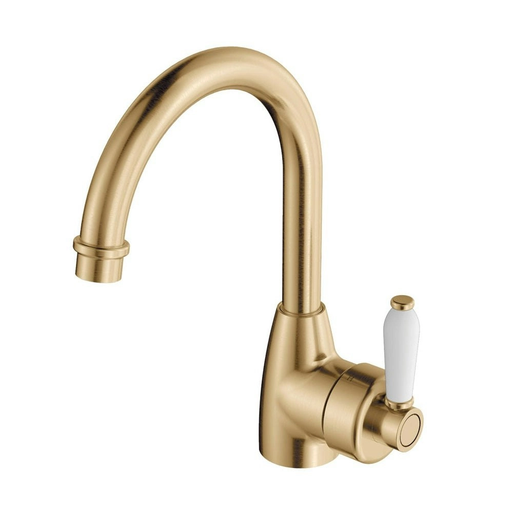 Fienza Eleanor Gooseneck Basin Mixer Urban Brass with White Ceramic Handle 202104UB