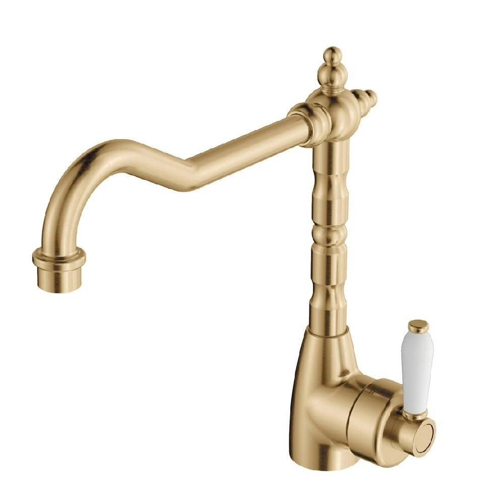 Fienza Eleanor Shepherds Crook Sink Mixer Urban Brass with White Ceramic Handle 202105UB