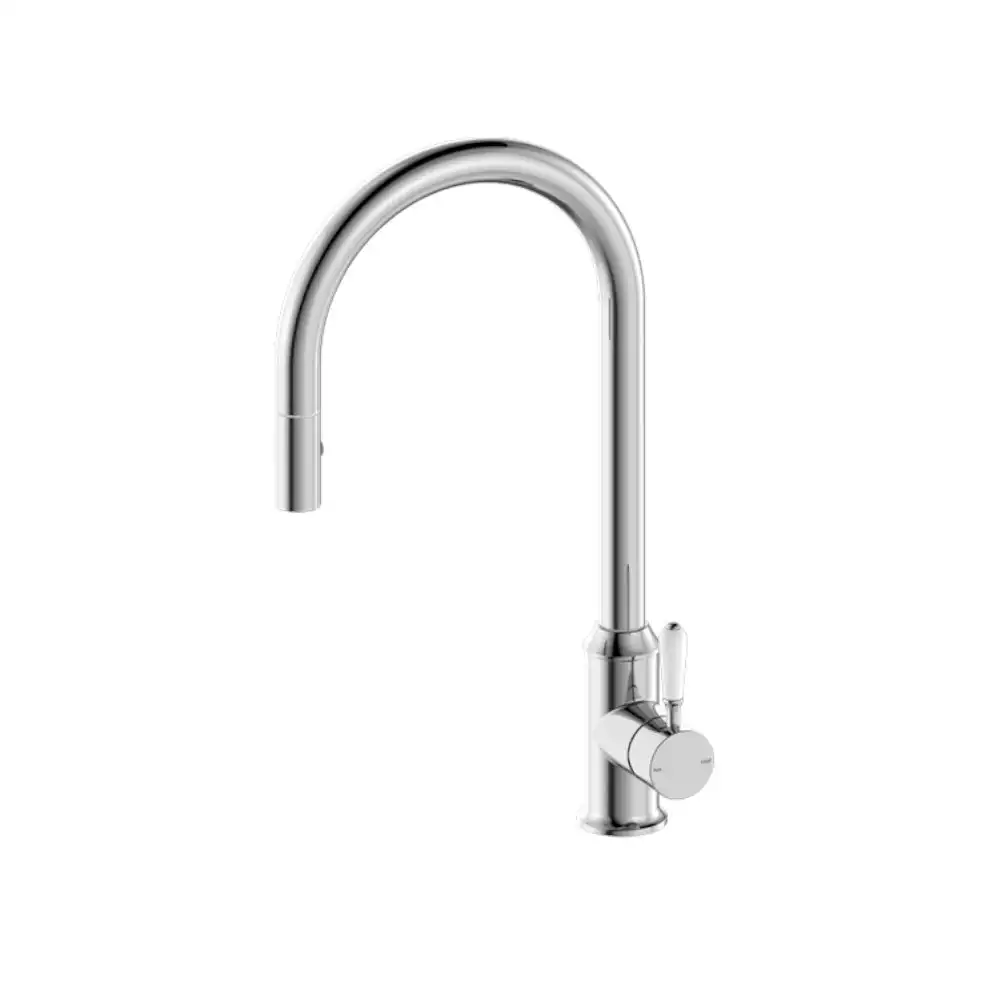 Nero York Pull Out Sink Mixer with Vegie Spray Function with White Porcelain Lever Chrome NR69210801CH