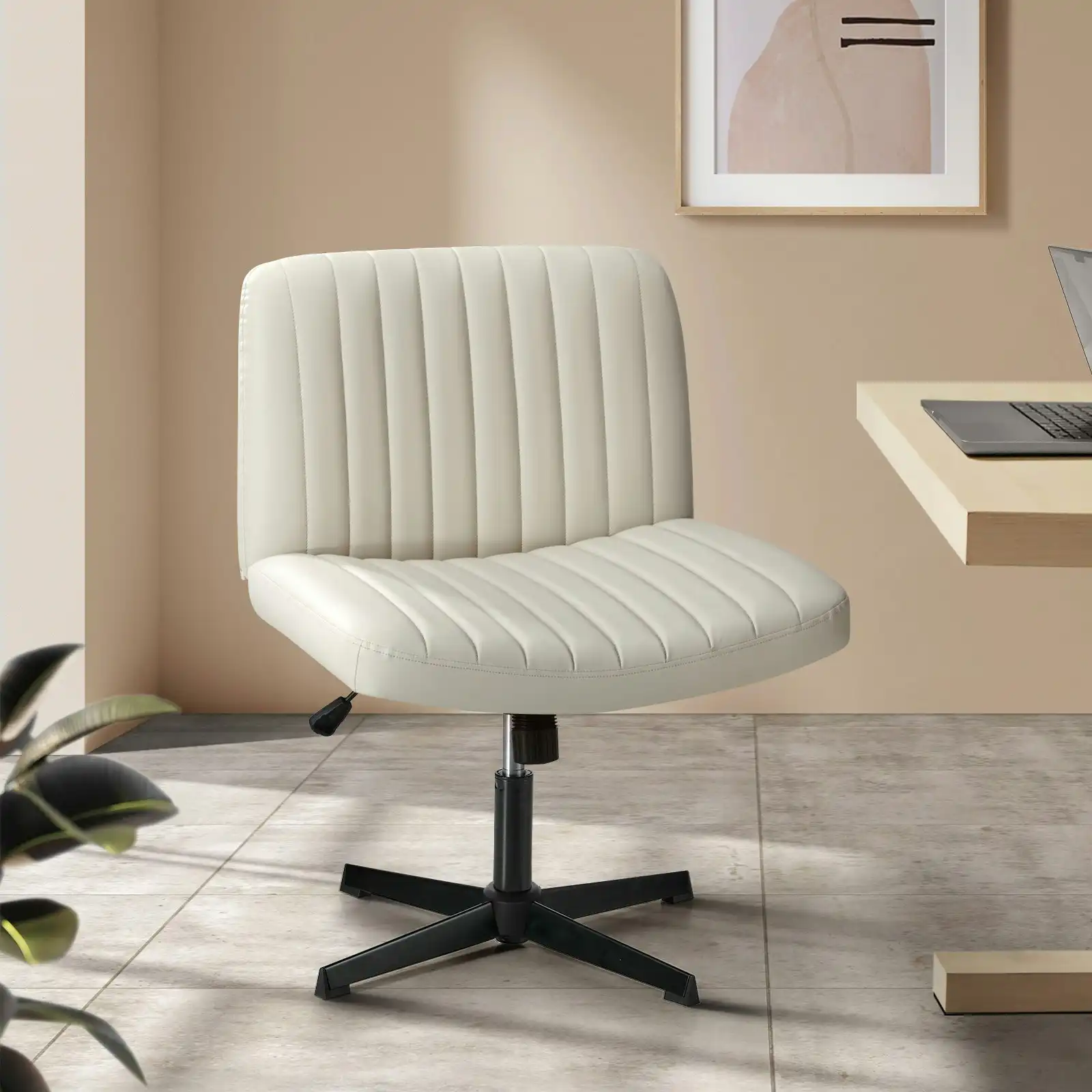 Oikiture Mid Back Armless Office Desk Chair Wide Seat PU Leather Beige