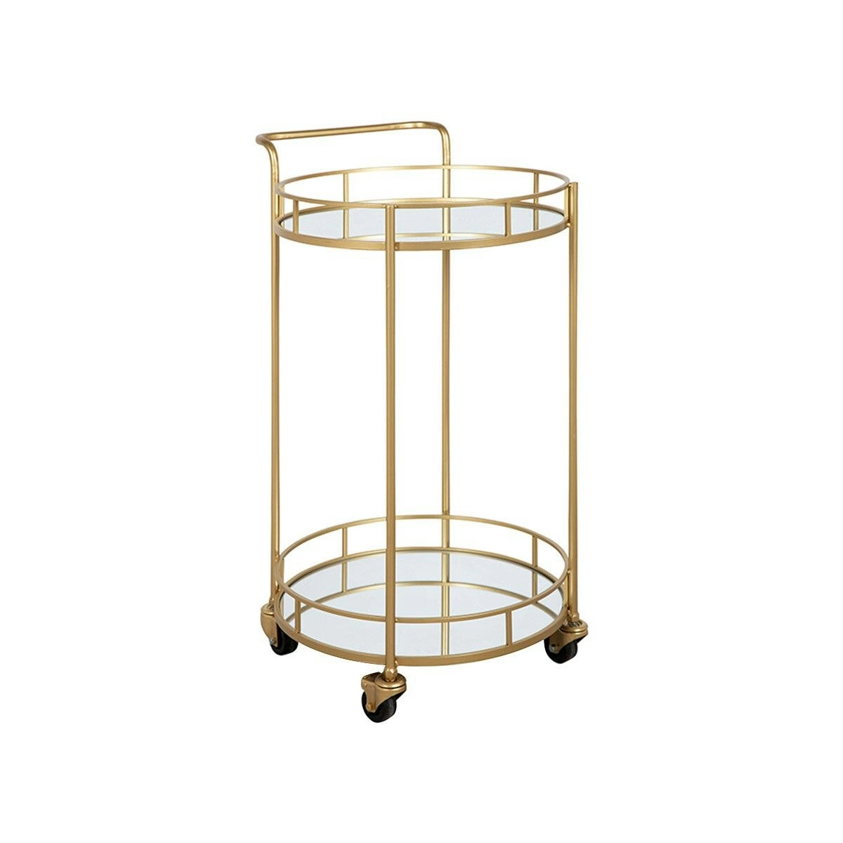 Ausway Round Gold Bar Cart Rolling Serving Drinks Metal Trolley Tea Wine Coffee Mobile Trolly 4 Wheels 2 Trays Mirrored Glass Top