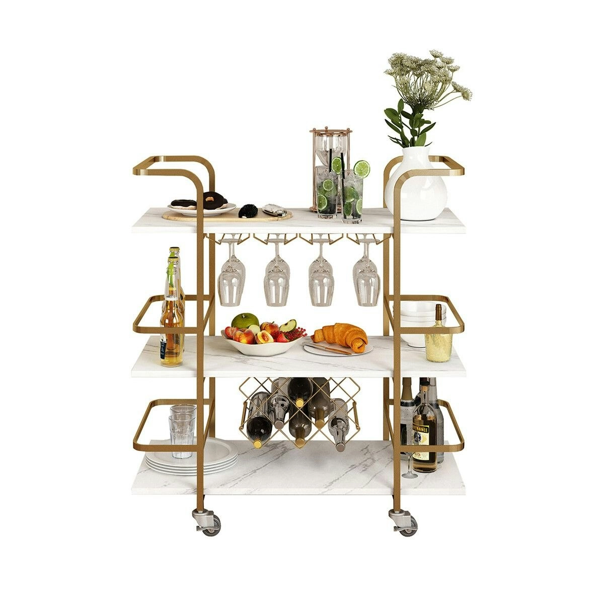 Ausway 3-Tier Bar Cart Rolling Serving Drinks Tea Coffee Wine Rack Glass Holder Mobile Trolley Outdoor Kitchen Storage Shelves