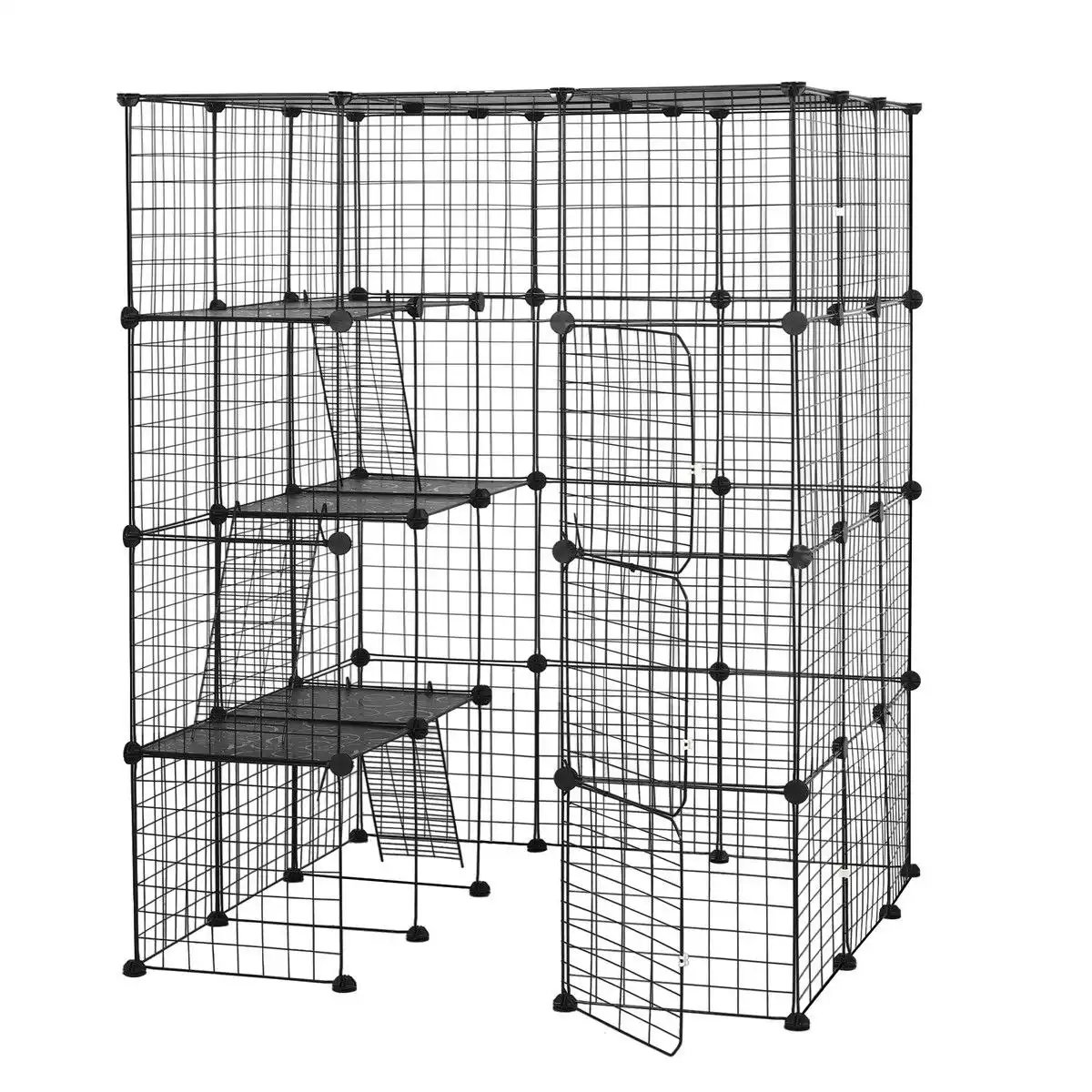 Pet Scene 4 Tier Cat Enclosure Cage House XL DIY Metal Rabbit Hutch Ferret Bunny Crate Kitten Fence Kennel Playpen 3 Platforms 3 Ramps