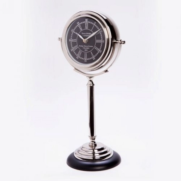 SSH Collection Tower Bridge London 34cm Table Clock on Stand - Nickel with Black Face