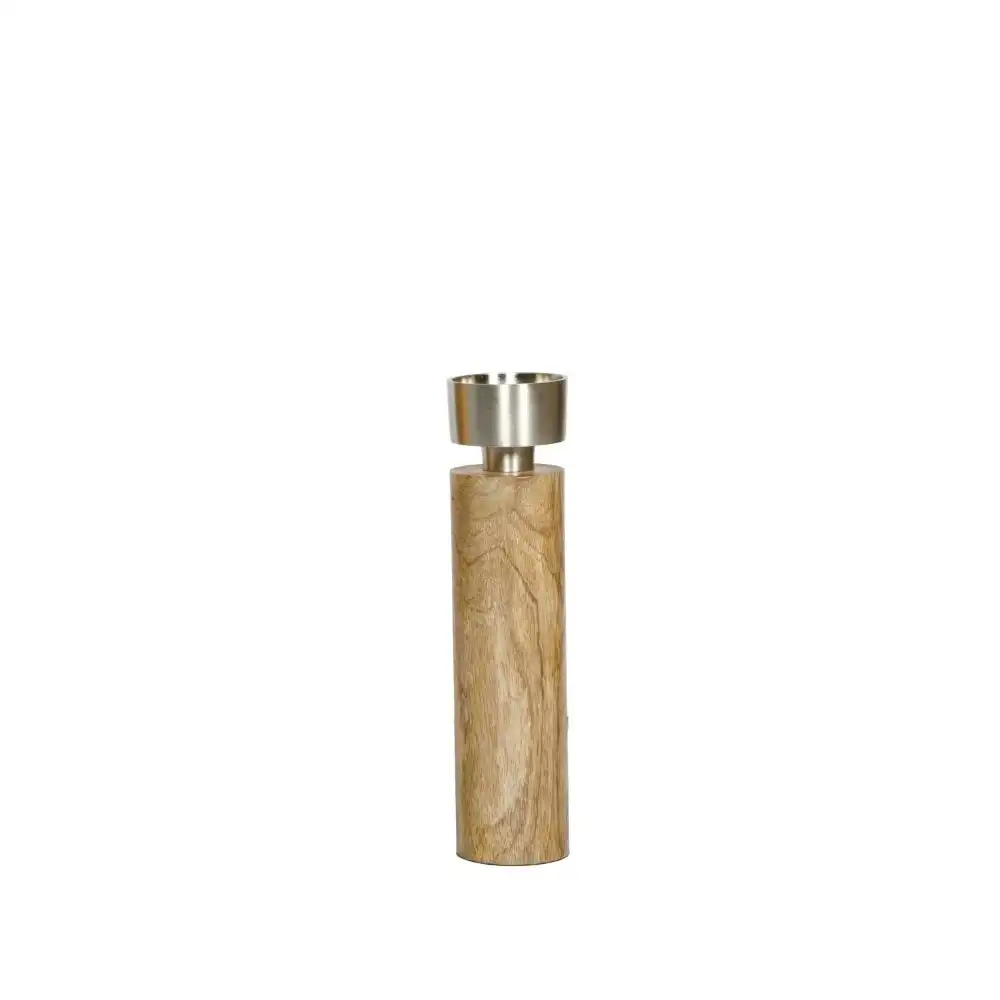 SSH Collection James 30.5cm Tall Single Candle Holder - Natural Timber and Brushed Silver