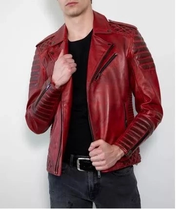 Men Quilted Red Leather Biker Jacket