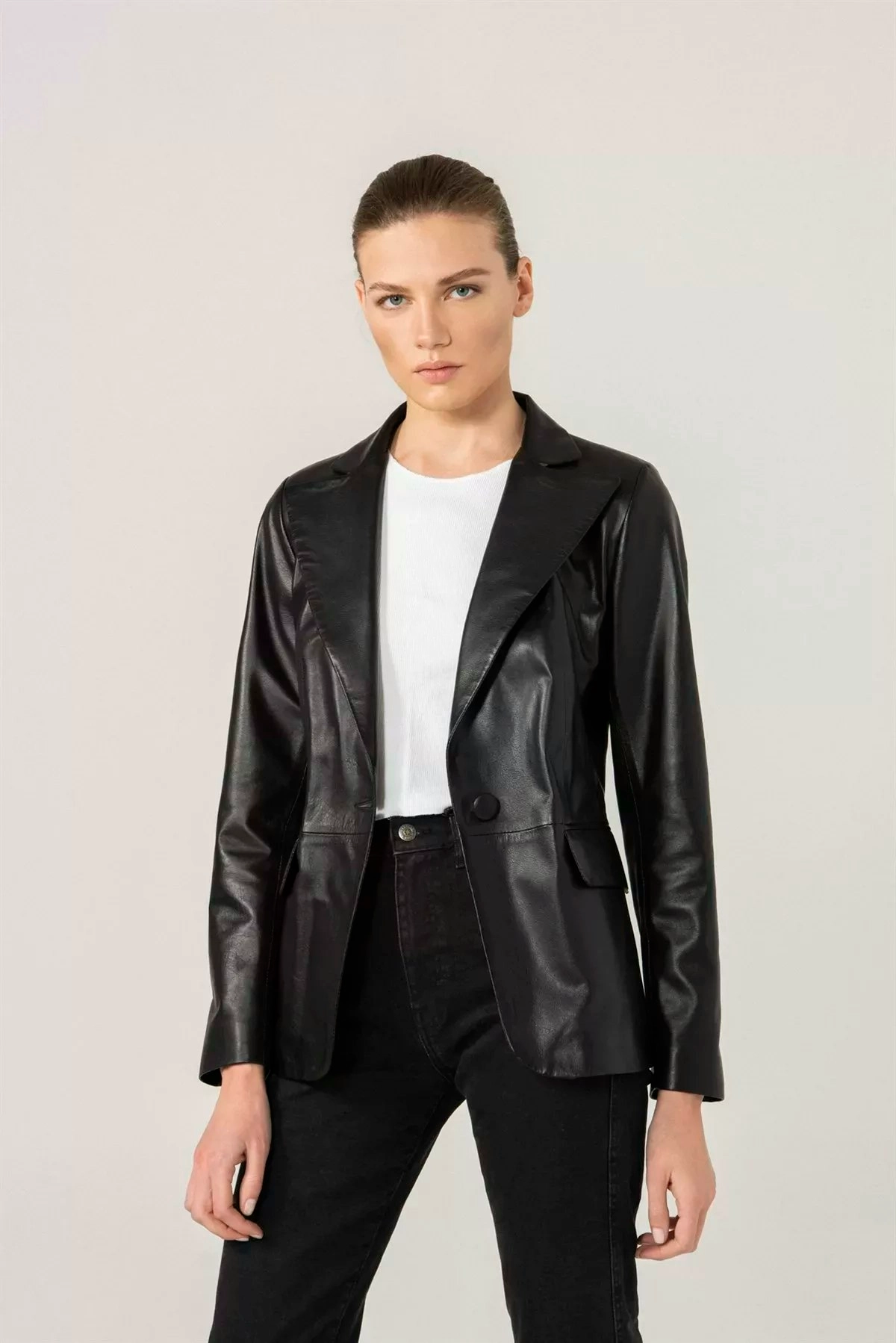 Women Black Leather Blazer