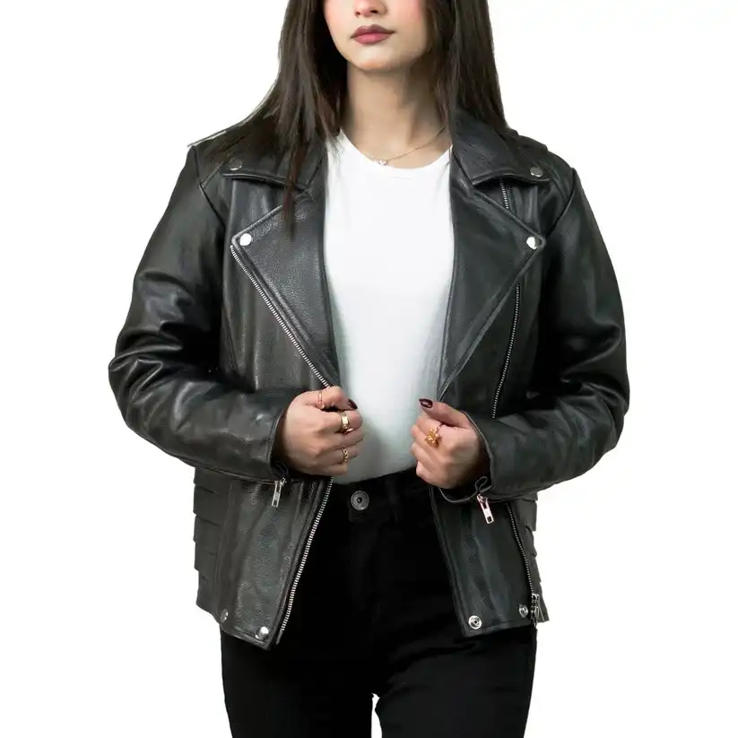 Women’s Biker Leather Jacket/Black Lambskin