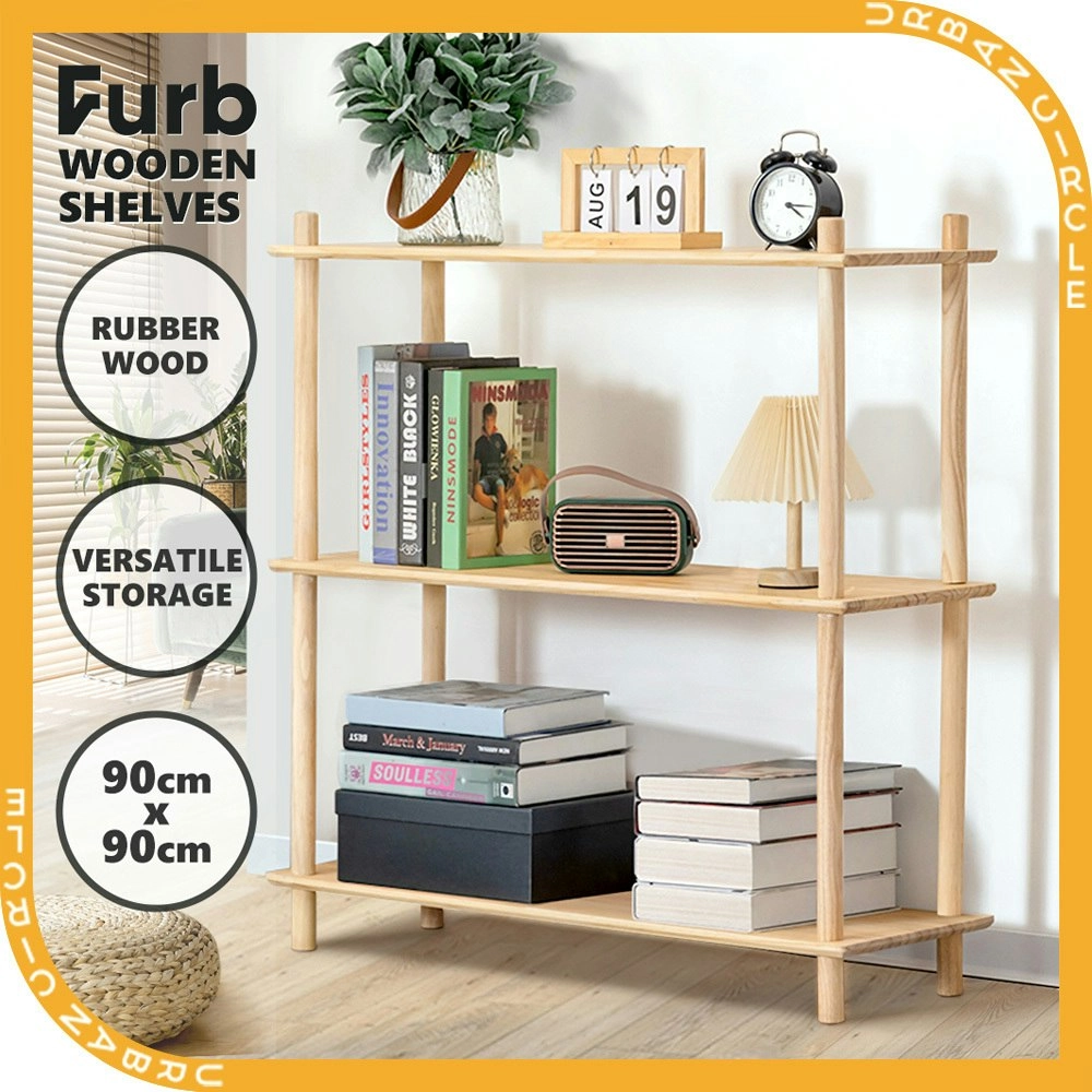 Furb 90CM 3-Tier Rubber Wood Wooden Storage Organizer Stand Shelves Oak