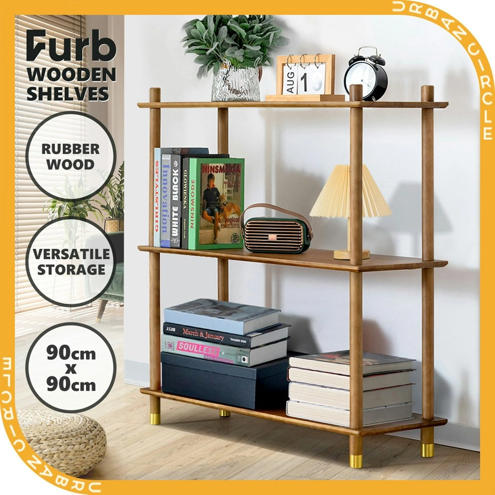 Furb 90CM 3-Tier Wooden Storage Organizer Stand Shelves With Brass Feet Walnut