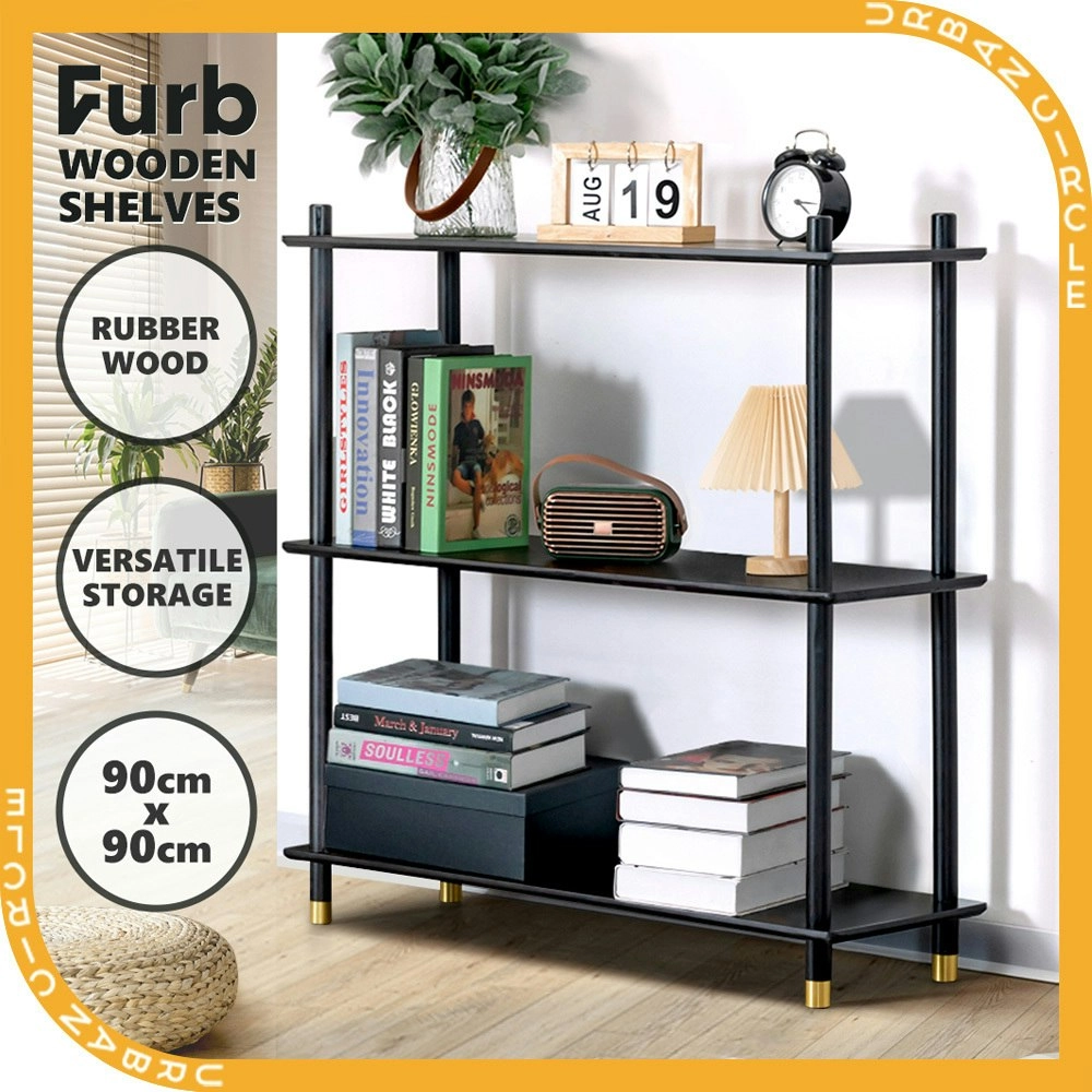 Furb 90CM 3-Tier Wooden Storage Organizer Stand Shelves With Brass Feet Black