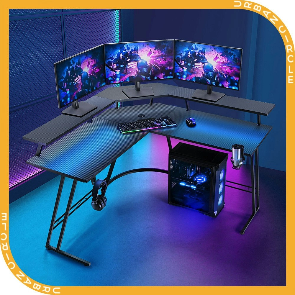 Furb L Shaped Gaming Desk LED Carbon Fiber Corner Computer Table w/Monitor Shelf