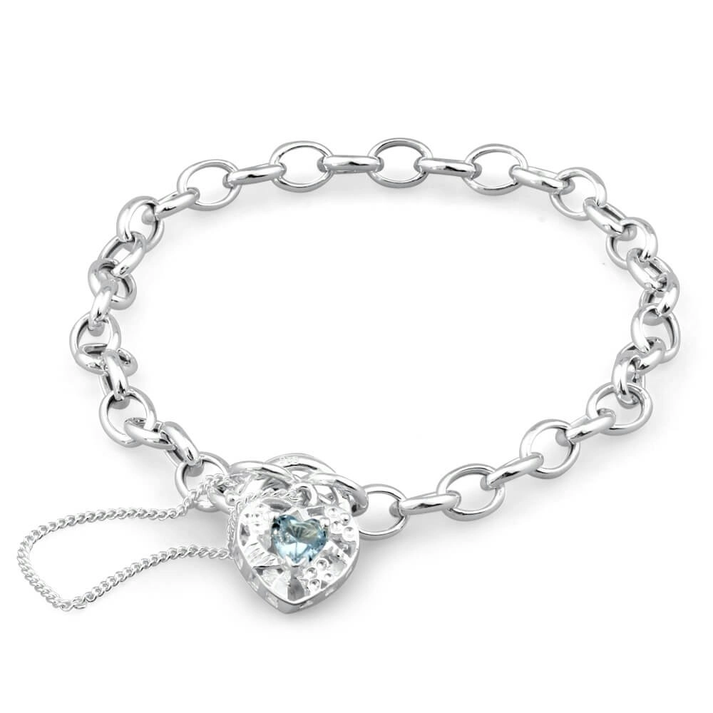 Sterling Silver Blue Cubic Zirconia Belcher Padlock Bracelet 19cm