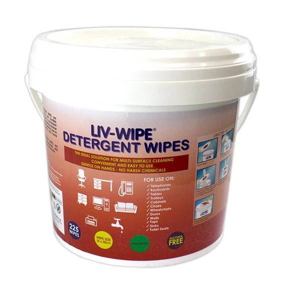 Liv-Wipe Detergent Wipes 26 x 28cm Large Alcohol Free 225 Tub x3