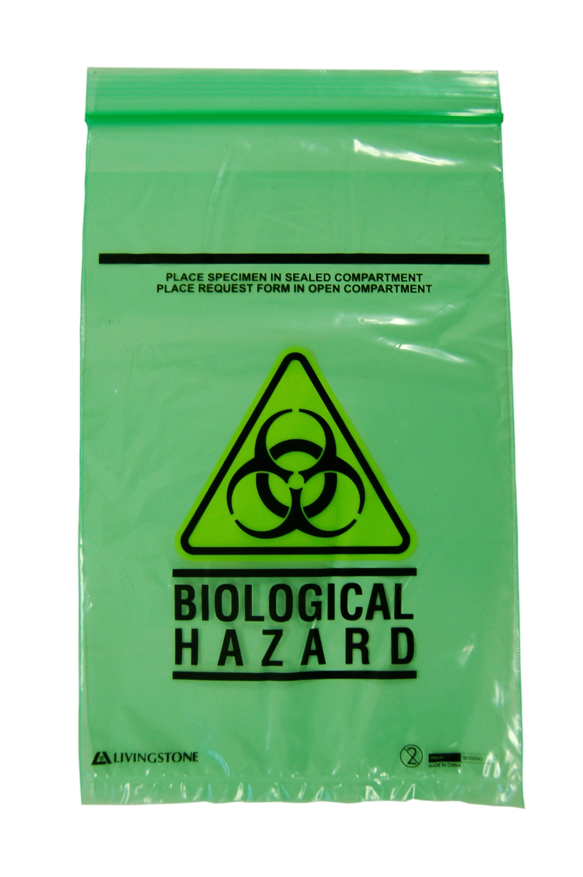 Livingstone Biohazard Specimen Bag, 16x24.5cm, 3-Ply, 2 Compt, Zip Compt, 2-Ply, 45um, Pouch Compt, 1-Ply, 32um, Green Tint, 2000/Ctn