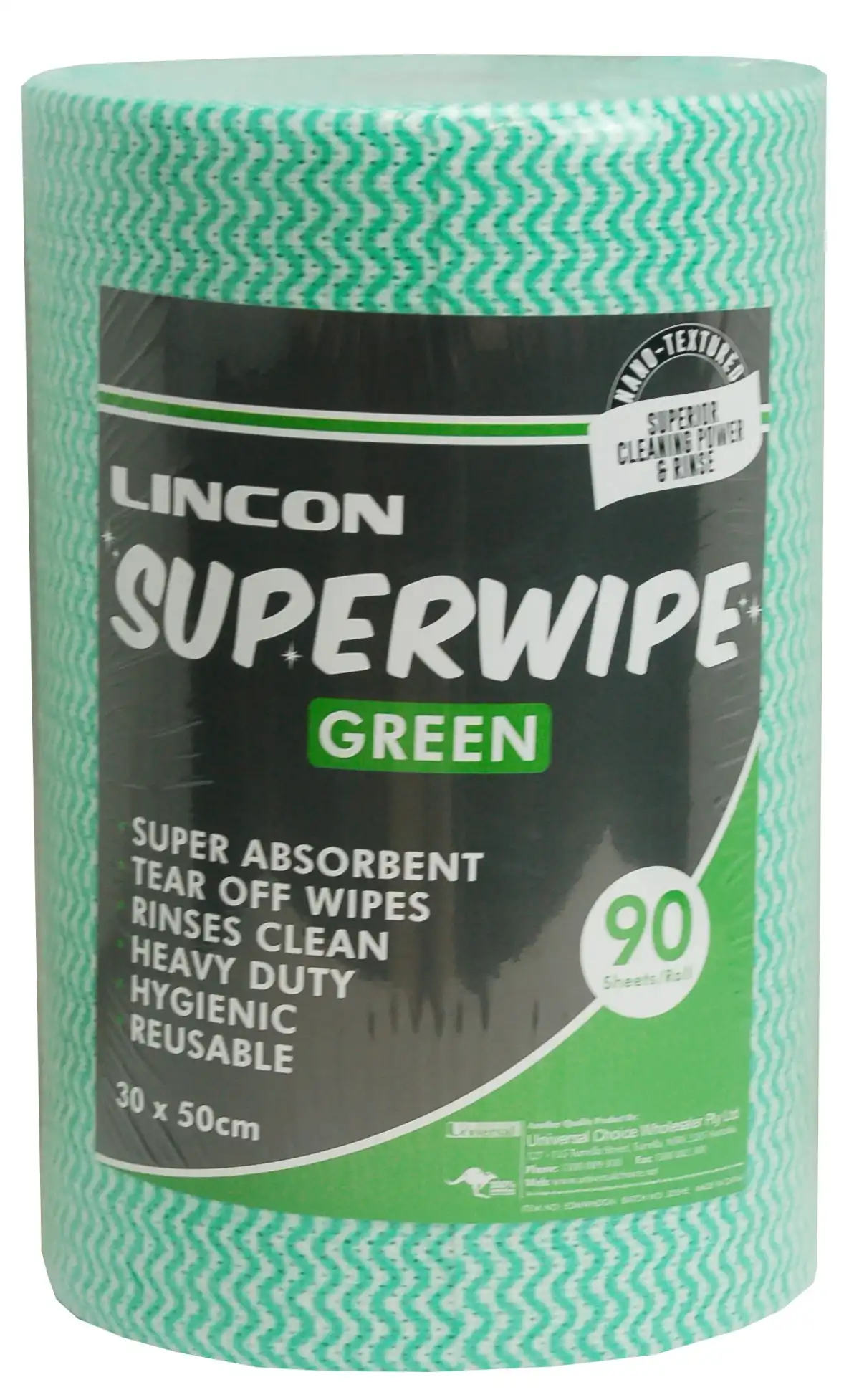 Lincon Superwipe Microfibre Cleaning Wipes 30cm Width Perforated Every 50cm 45m Green 90 Sheet Roll