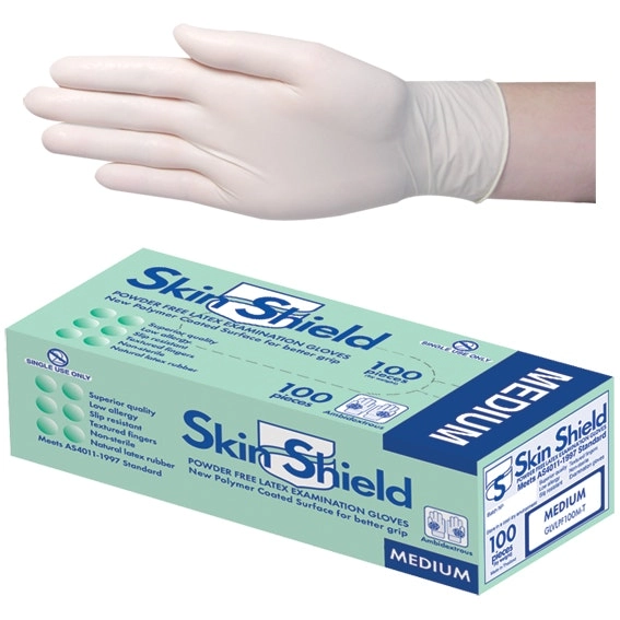 Skin Shield Latex Powder Free Medium Cream Gloves AS/NZ HACCP 100 Box x10