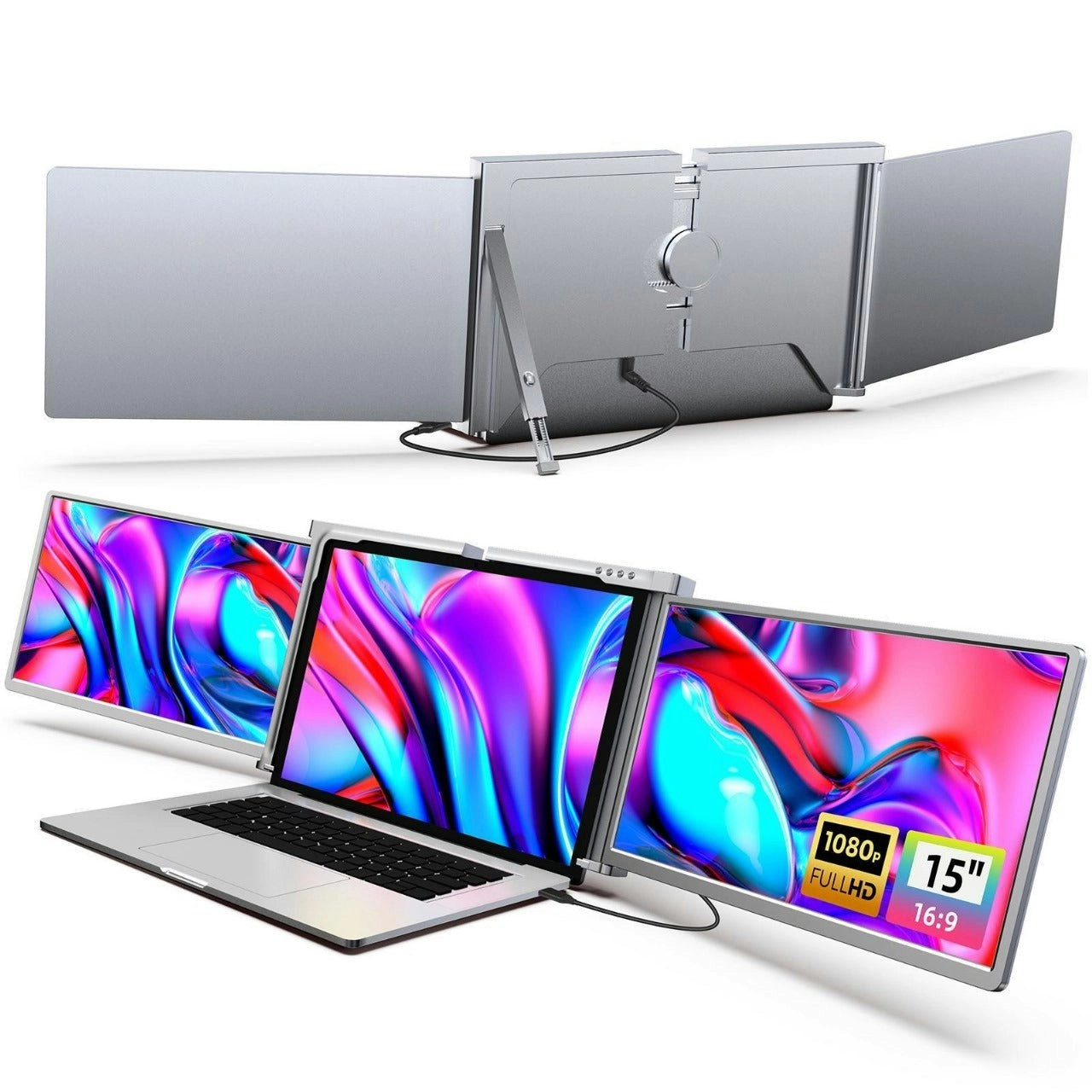 15 inch Trifold Portable Monitor 1080P IPS FHD Laptop Screen Extender For Laptop - Space Grey