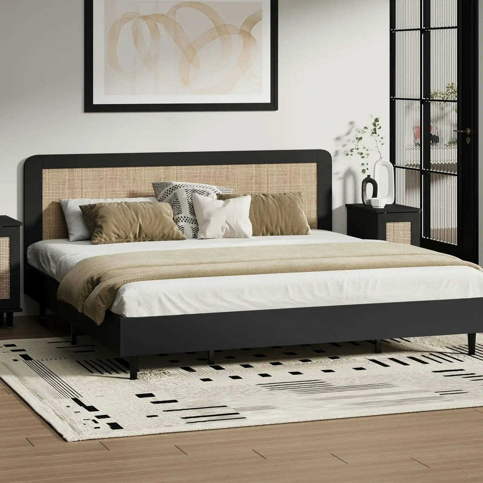 Oikiture Bed Frame Wooden Bed Frame Black-King