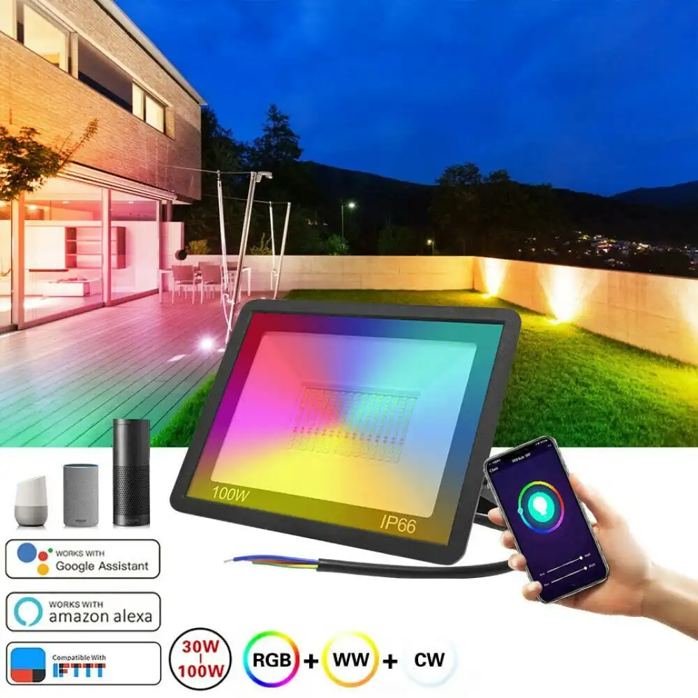 WIFI Smart LED Flood Light RGB Outdoor Spotlight Wall Street Lamp 100W