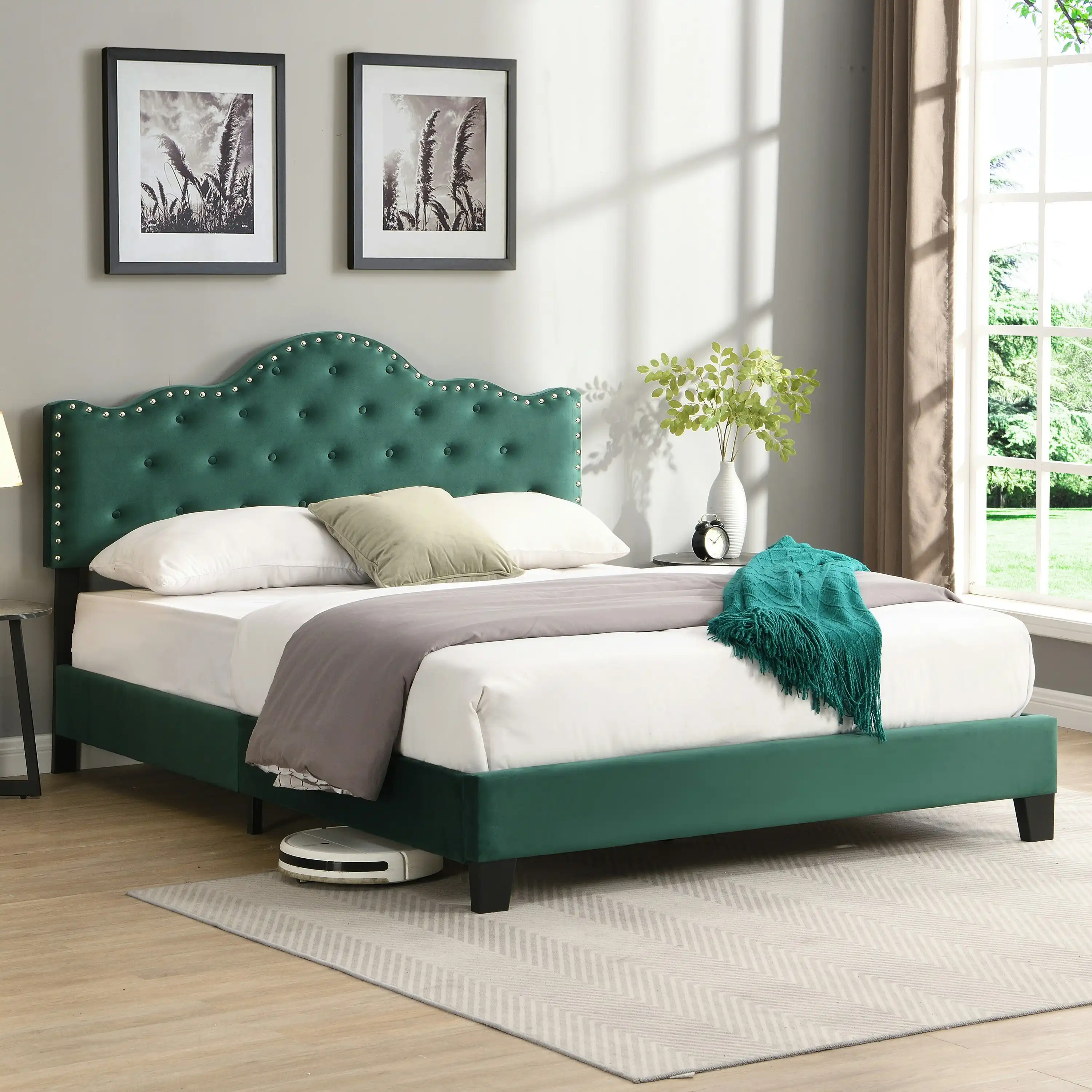 IHOMDEC Upholstered Velvet Button Tufted Crown Shape Double Size Bed Frame Green BEF05