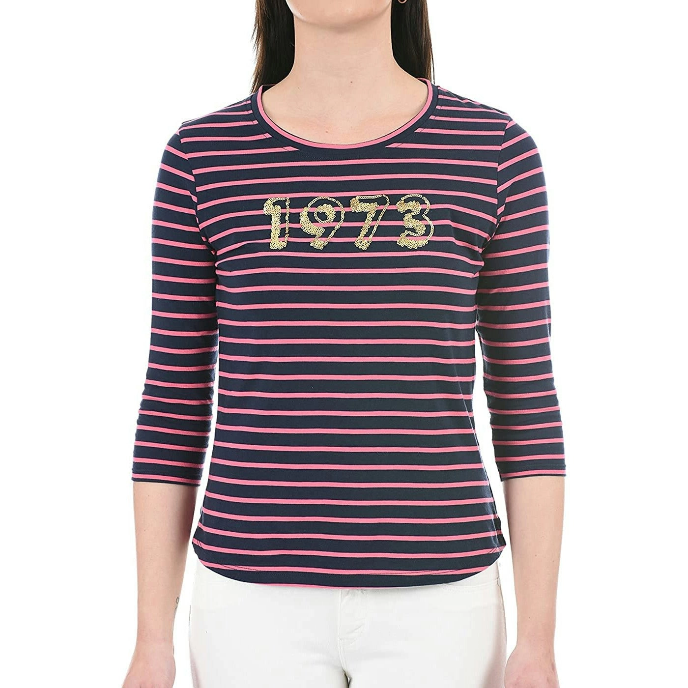 Pepe Kids Pepe Jeans Teen Girls 1973 Striped 3/4 Sleeve T-shirt In Navy/pink