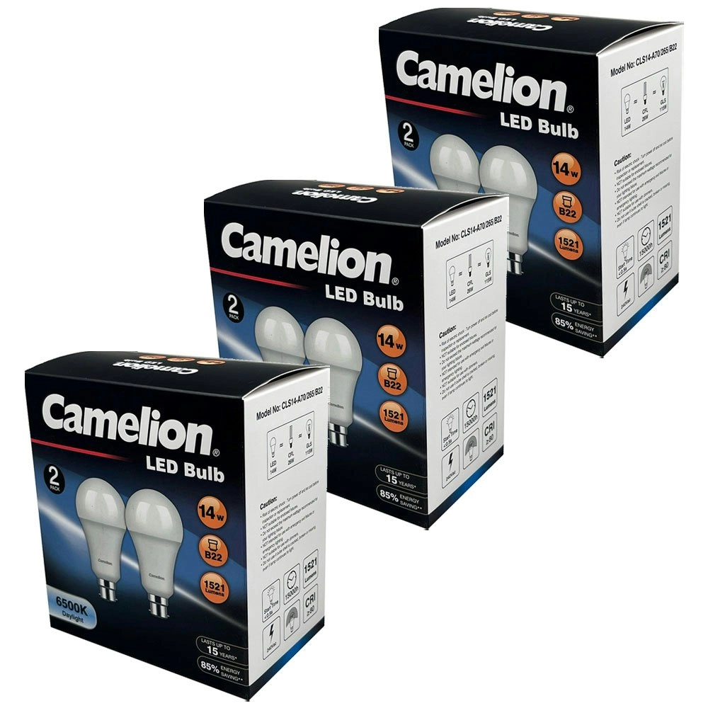 6pc Camelion Light Bulb 14W Bayonet B22 1521 Lumen 6500K LED Globe Cool Daylight