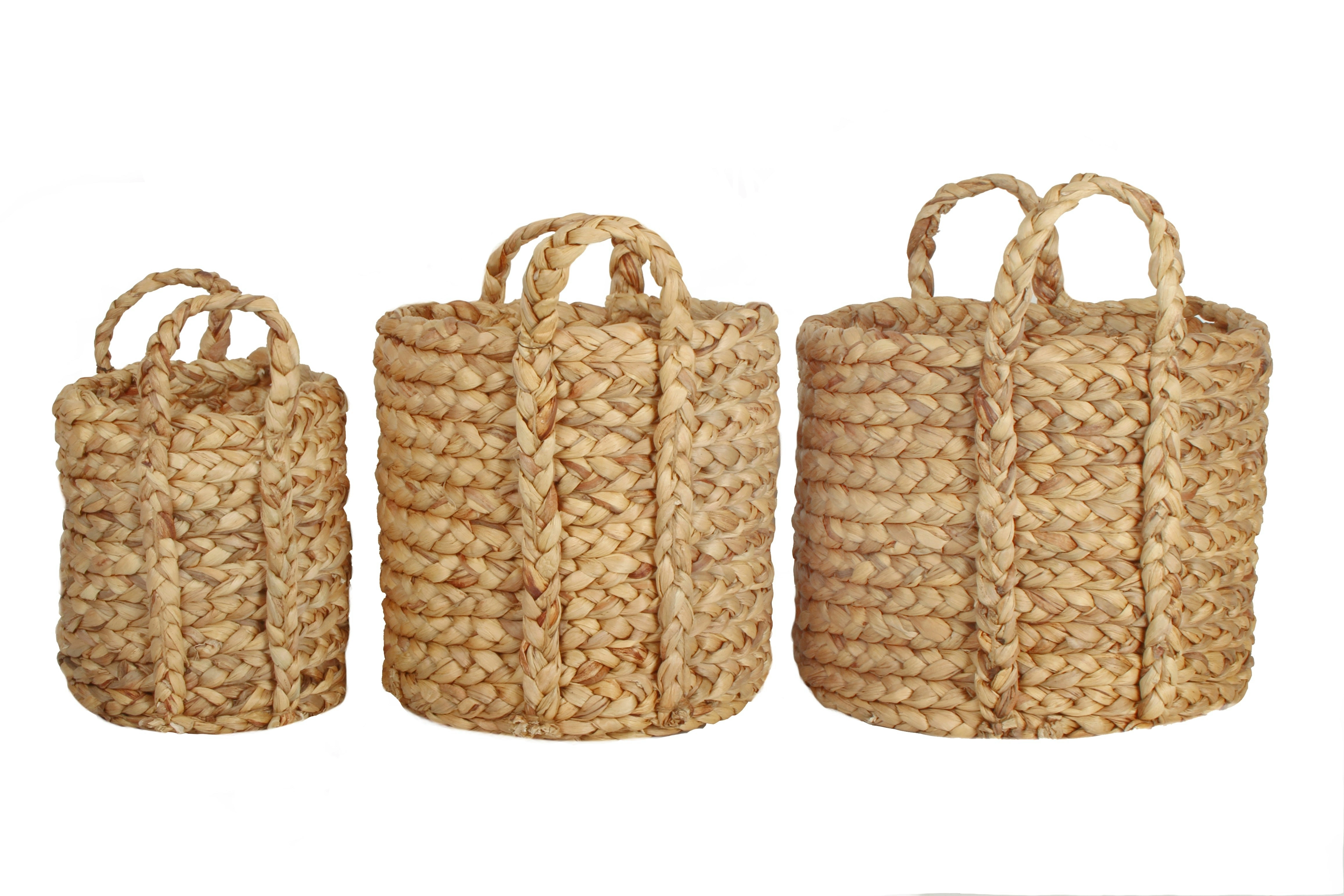 Carlota Set Of 3 Natural Water Hyacinth Round Woven Storage Baskets with Handles