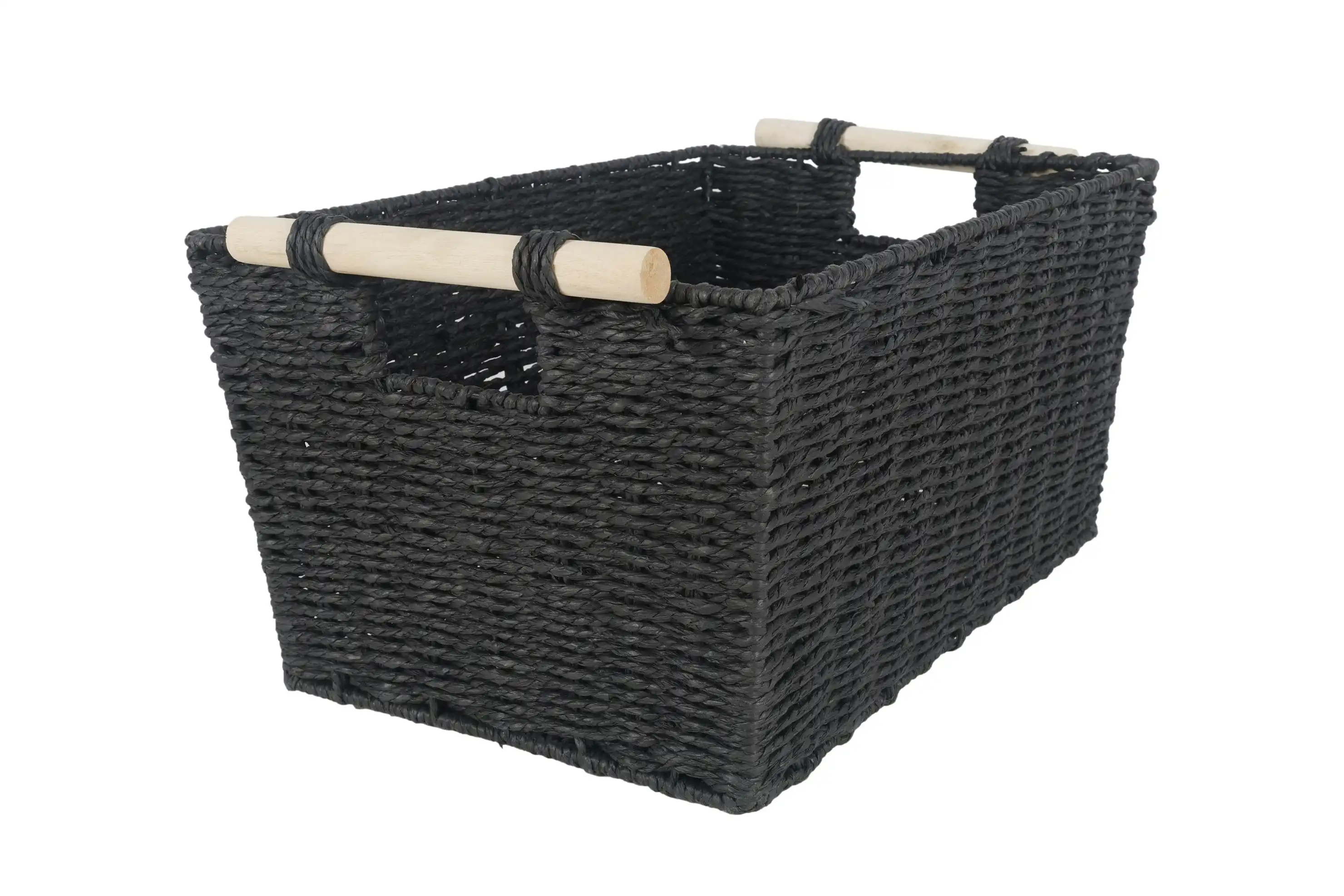 Black Paper Rope Basket With Wooden Handle