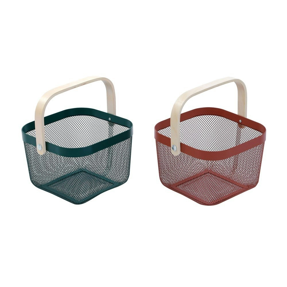 2x Boxsweden Mesh Storage 25cm Basket Home Organiser w/ Birch Wood Handle Asst