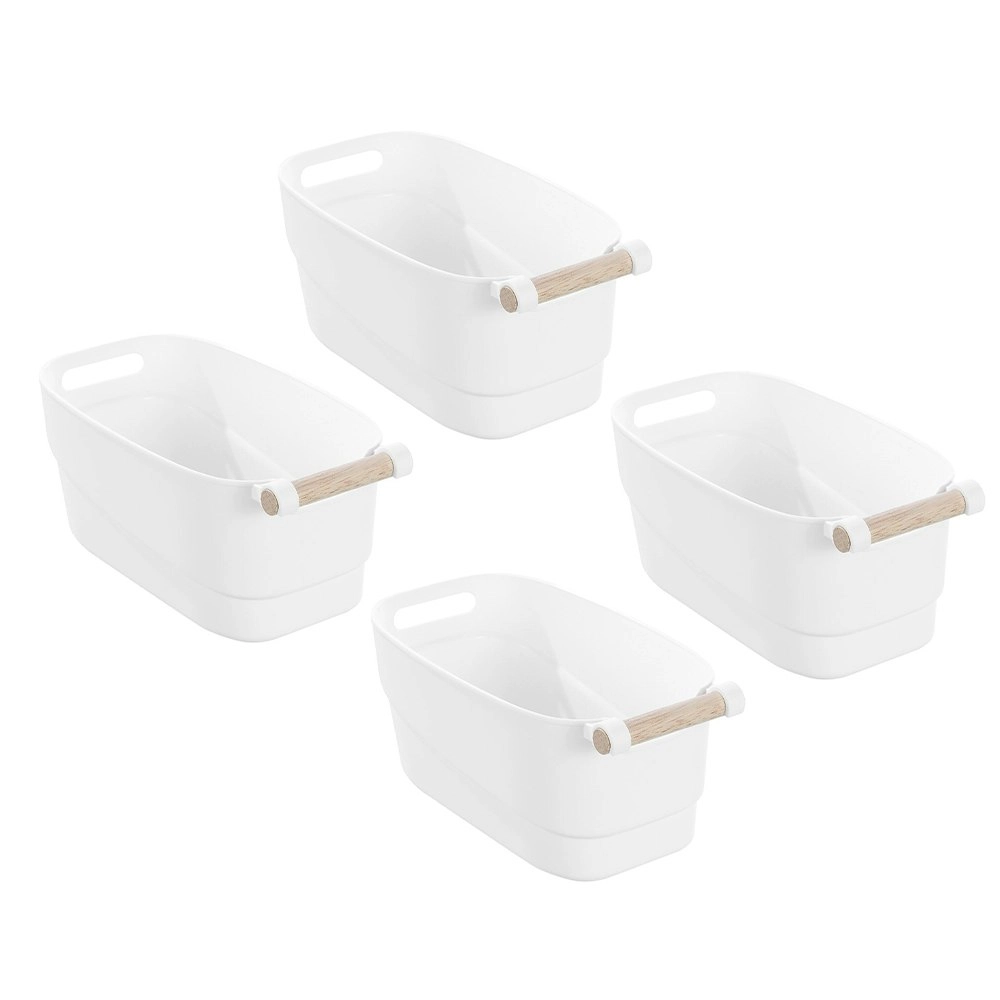 4x Boxsweden Sortea 3L/27cm White Basket w/ Wood Handle Cabinet/Pantry Organiser