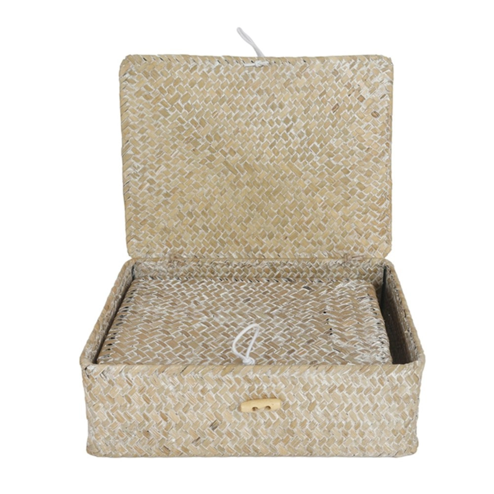 2pc Maine & Crawford Leia Basket Rectangle Storage Organiser w/Lid Lge Whitewash