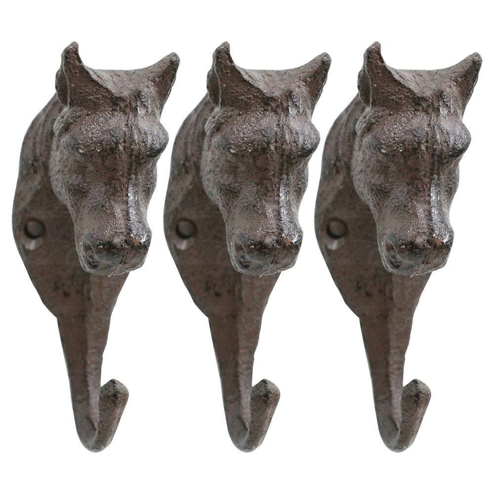 3x Hook Horse Cast Iron 11.5cm Wall Hanging Hat Hanger Organiser Single Brown