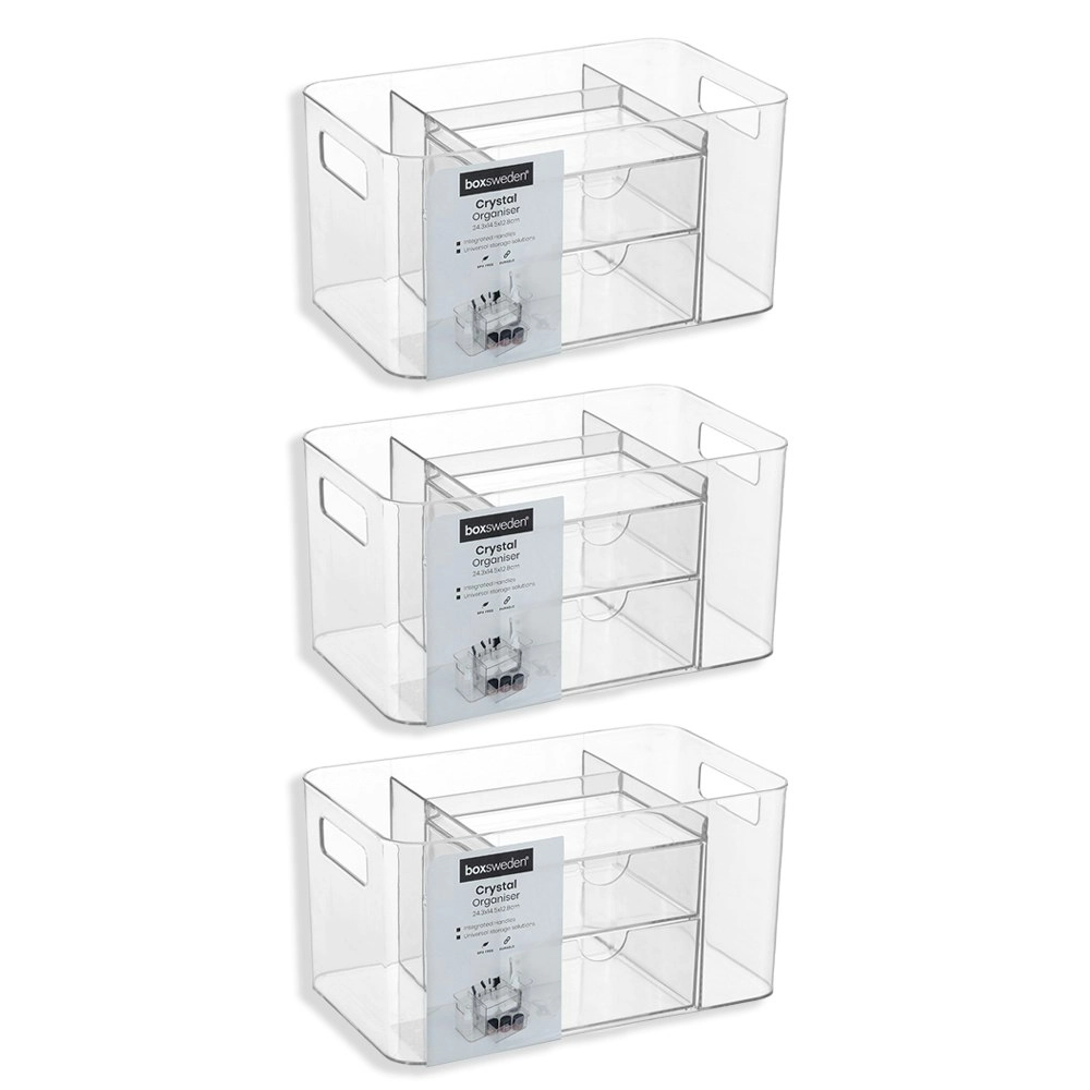 3x Boxsweden Crystal 24.5x14.5cm Desktop Home Organiser Storage Container Clear