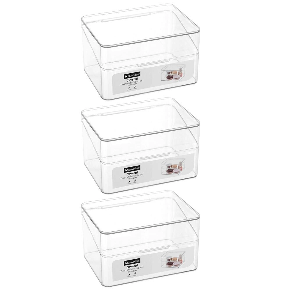 3x Boxsweden 20cm Crystal Cosmetics Box Organiser Storage Bin w/ Flip Lid Clear