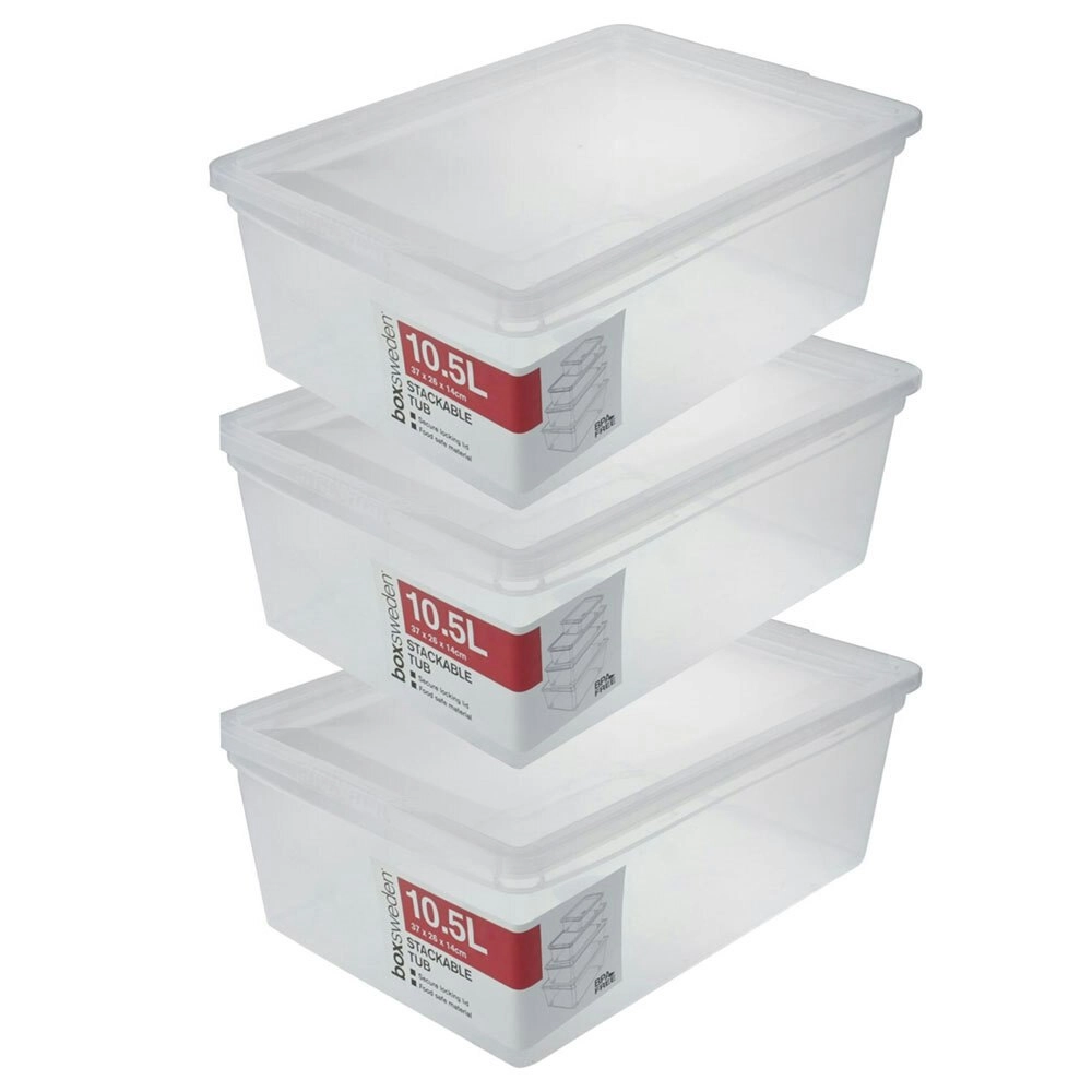 3x Boxsweden Essentials 10.5L Stackable 36cm Storage Organiser Container Clear