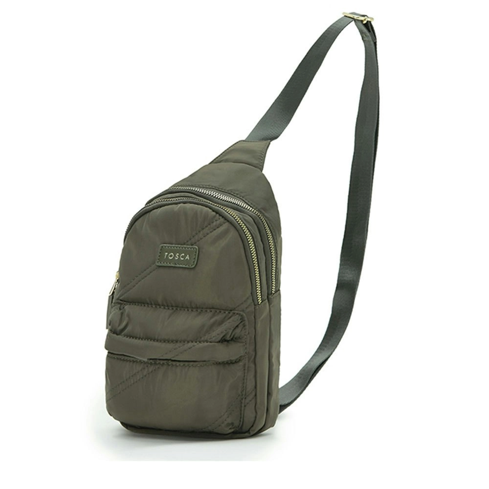 Tosca Casual Shoulder Nylon Slinger Crossbody Chest Utility Bag Khaki Stitch