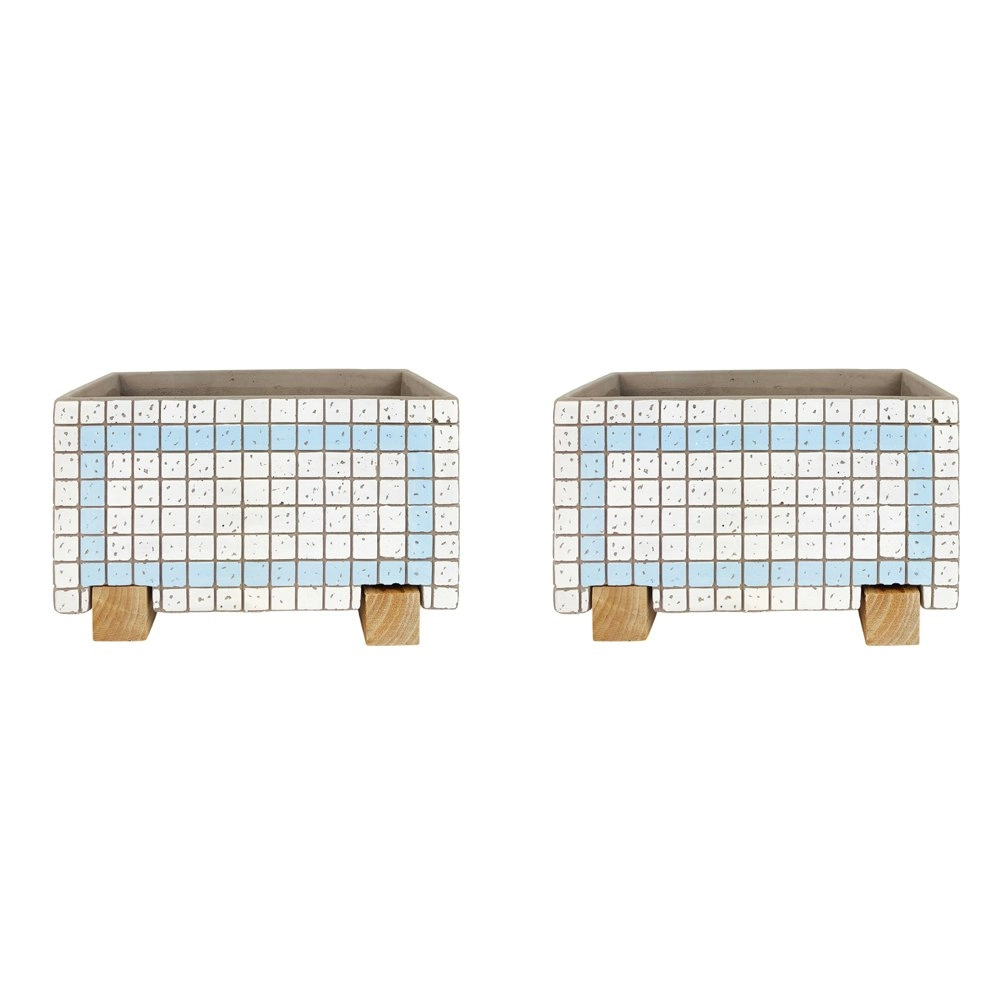 2x Urban Brix Rectangular 26cm Concrete Planter Plant Pot Home Decor White/Blue