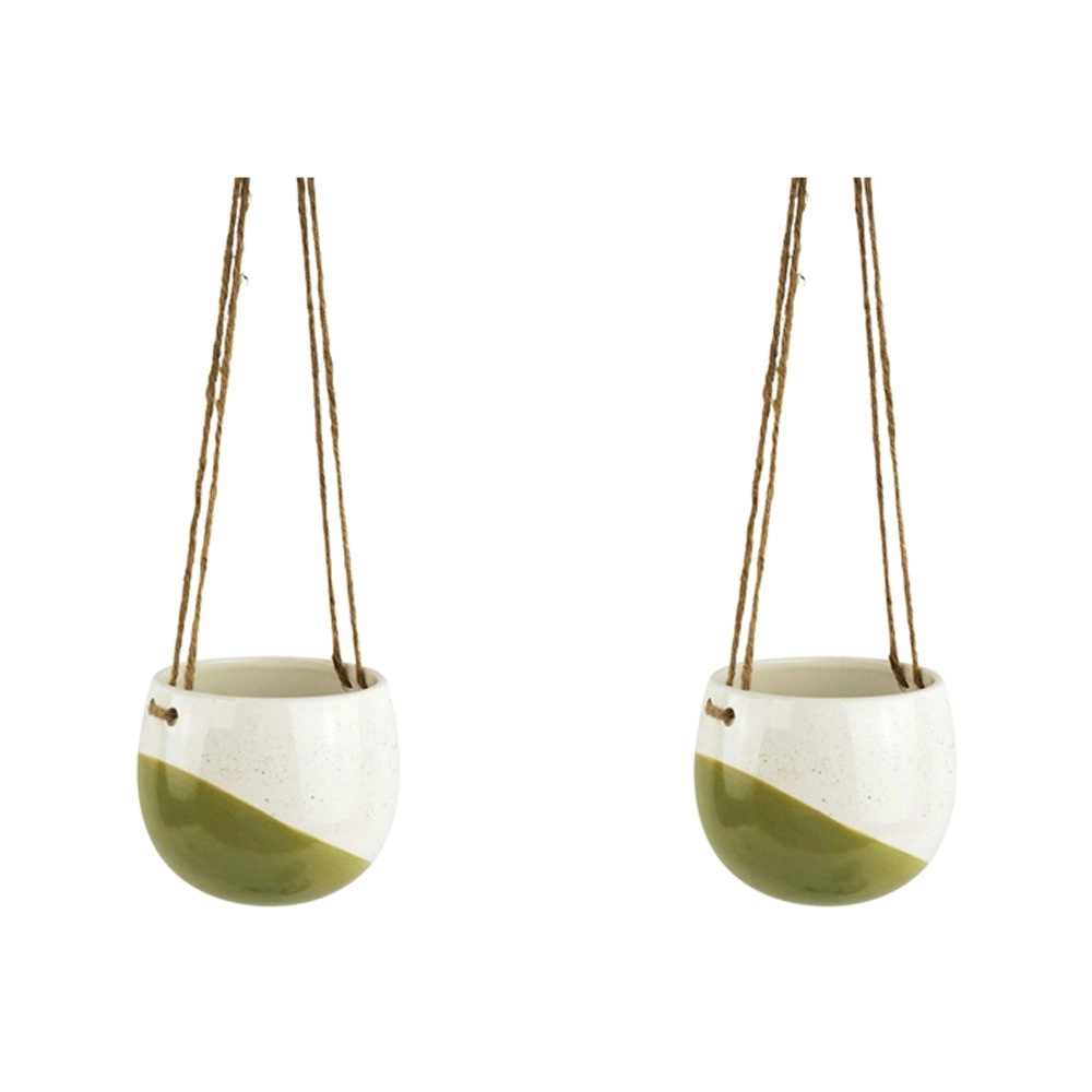 2x Urban Avery 11cm Ceramic Dot Round Hanging Planter Flower Plant Pot Sml Olive