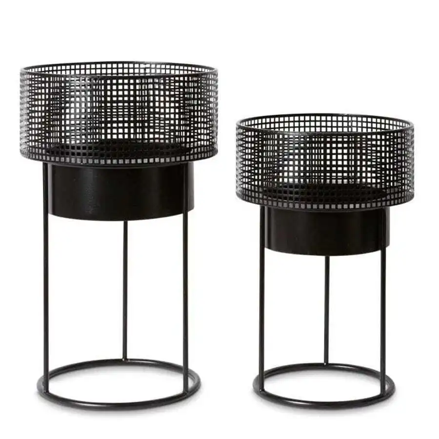 2pc E Style Creed 52/62cm Metal Round Plant Planter w/ Stand Decor Set Black