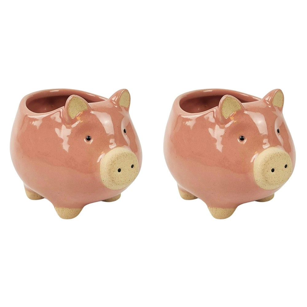 2x Urban Pig 8cm Ceramic Planter Garden Ornament Display Plant Pot Small Pink