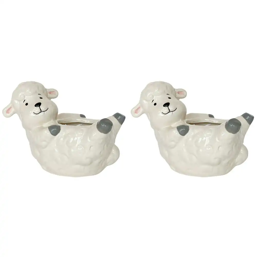 2x Urban Products Reclining Sheep Themed Planter Home Garden Decor White 17cm