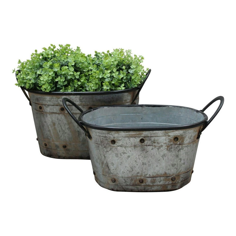 2pc French 44/39cm Oval Tub Planter w/ Handle Garden Display Flower Pot Set Grey