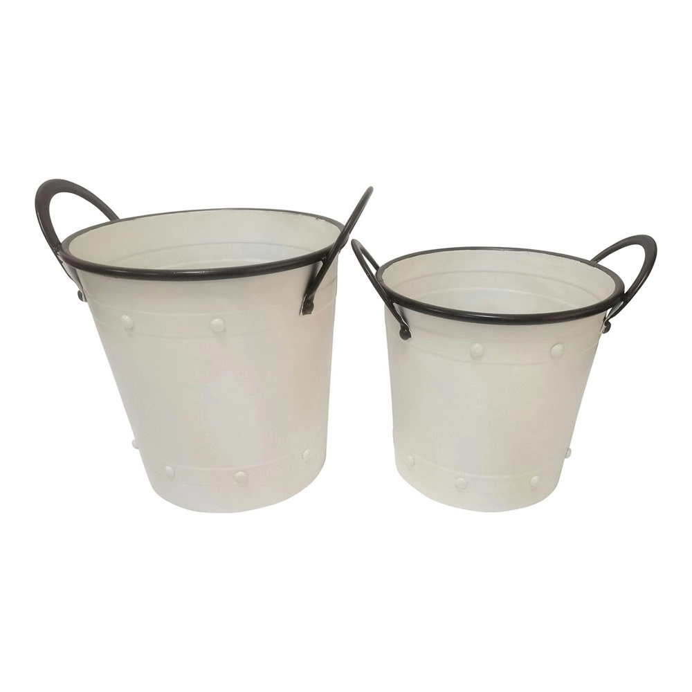 2pc Metal 38/28cm French Tall Tub Planter w/ Handle Garden Display Set White