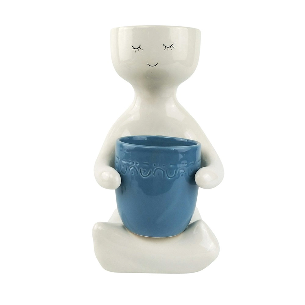 Urban 30cm Ceramic Planter Garden Plant Decor Person Holding a Pot Large Blue