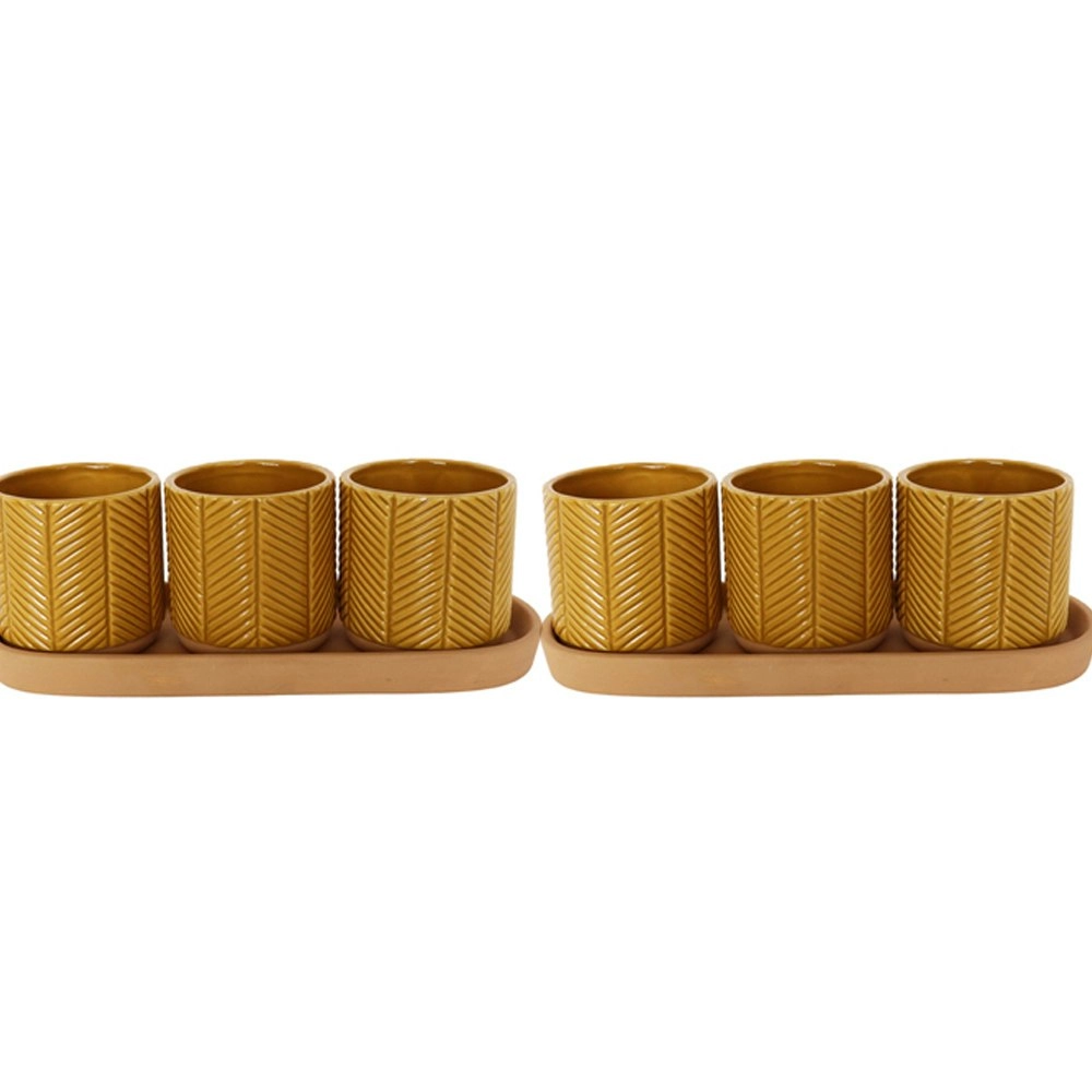 2x 3pc Urban Zari 8cm Ceramic Planter w/ Saucer Flower/Plant Pot Decor Mustard